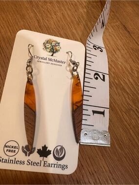 2 pairs handmade- Amber & Wood Drop Earrings - Stainless Steel